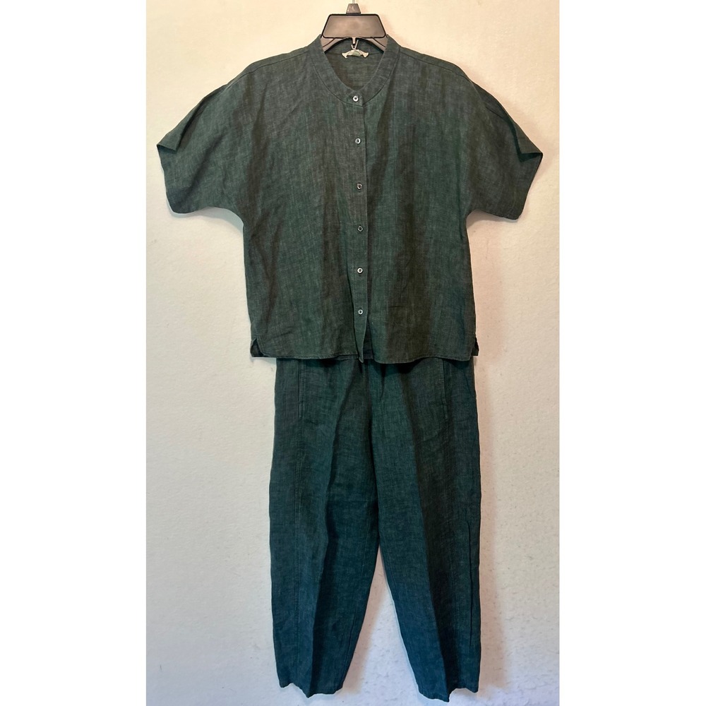 Eileen Fisher Organic Linen 2 Piece Set Teal Blue Button Top & Tapered Pants XS